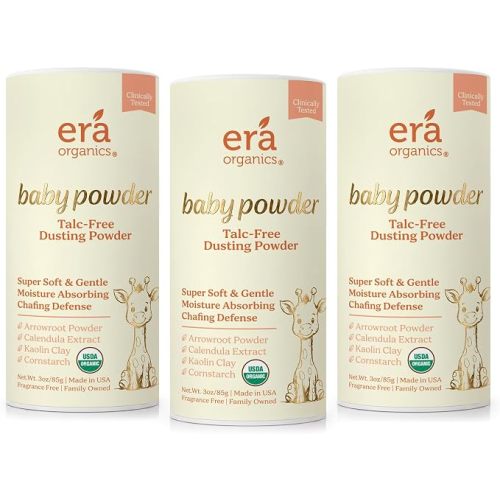 Era Organics Talc-Free Organic Baby Powder - USDA Organic Dusting Powder with Arrowroot, Calendula and Cornstarch for Newborns, Babies or Toddlers - Soothing, Fragrance Free, Made in USA (3oz/85g)