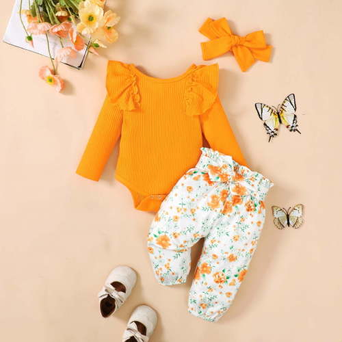 Kayannuo Baby Girl Clothes Long Sleeve Fall Winter Newborn Baby Girl Clothes Infant Outfits Ruffle Sleeve Romper Bodysuit Floral Pants Toddler Girl Outfits,Yellow