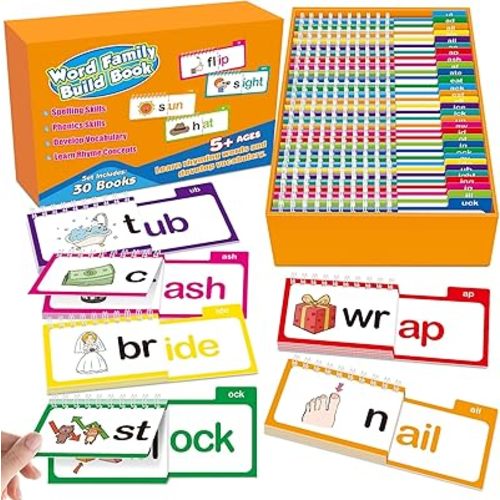 Phonics Flash Cards Word Family Build Book,Learn to Read 30 Read and Rhyme Flip Books,Sight Words Flash Cards Kindergarten Phonics Flip Books for Kids Classroom Homeschool Preschool Learning Activity