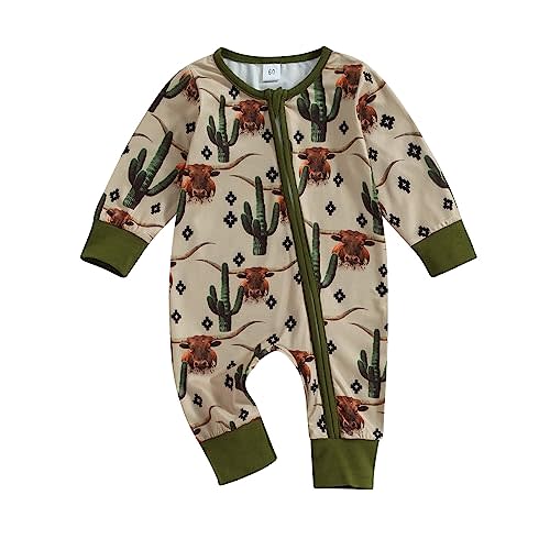 SAYOO Western Baby Cowboy Clothes Neutral Zipped Fall Romper Outfit for Boy Girl Infant Lapel Cow Print One-piece Jumpsuit