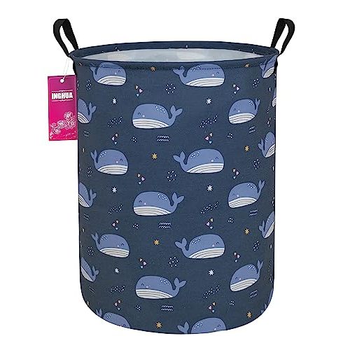 INGHUA Laundry Hamper Large Canvas Fabric Lightweight Storage Basket/Toy Organizer/Dirty Clothes Collapsible Waterproof for College Dorms, Boys and Girls Bedroom,Bathroom(Blue Whale)