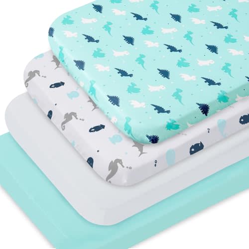 Bassinet Sheets 4 Pack Fit for Fodoss, Cloud Baby, RICUTON, Yacul, VaVaSoo Rocking, Simmons Kids Bassinet(not for Twins) and Graco Travel Lite, Ultra Soft Skin-Friendly, Aqua Dinosaurs & White Ocean