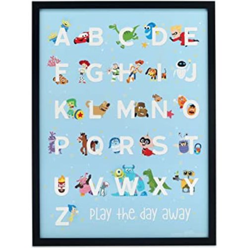 Disney Pixar Alphabet Framed Wood Wall Decor - Large Pixar Movie Wall Art Featuring Toy Story, Cars, The Incredibles and More