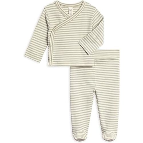 Colored Organics - Newborn Kimono Wrap Top and Footed Pant Set - Organic Cotton Infant Layette Clothing Set (0-3M)