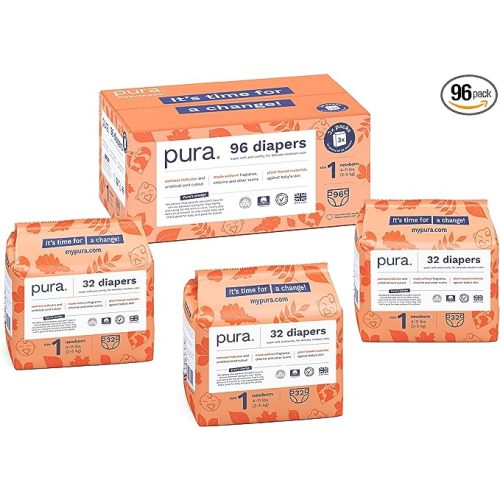 Pura Size 1 Eco-Friendly Diapers, Hypoallergenic, Soft Organic Cotton Comfort, Sustainable, Wetness Indicator Allergy UK, Recyclable Packaging, 96 Count - Size 1 (96 Diapers)
