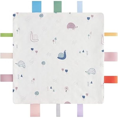 Baby Tags Security Blanket, Sensory Soothing With Tags, Dotted Backing Taggies for 3-12 Months Boys and Girls (Hedgehog and Snail)