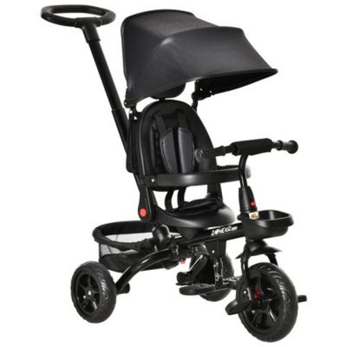Qaba Baby Tricycle 4 In 1 Trike, Reversible Angle Adjustable Seat Removable Handle Canopy Handrail Belt Storage Footrest Brake For 1-5 Years Old Black