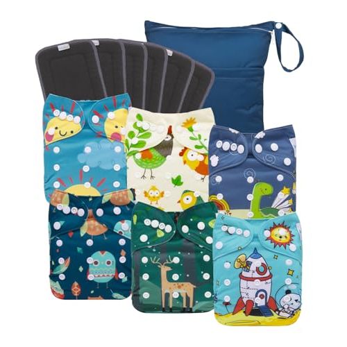 babygoal Reusable Charcoal Cloth Diapers with Double Gussets, 6 Pack Washable Baby Pocket Diapers with 6pcs Charcoal Inserts and Wet Dry Bag(Chick,Deer,Dinasaur)