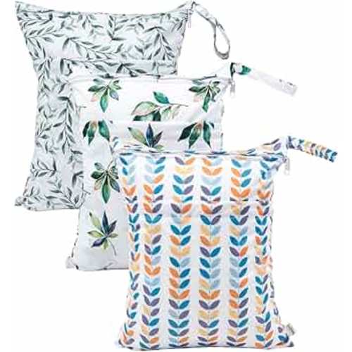 babygoal Wet Dry Bags for Baby Cloth Diapers, Washable Travel Bags, Beach, Pool, Gym Bag for Swimsuits & Wet Clothes with Two Zippered Pockets 3 Pack 3LN08