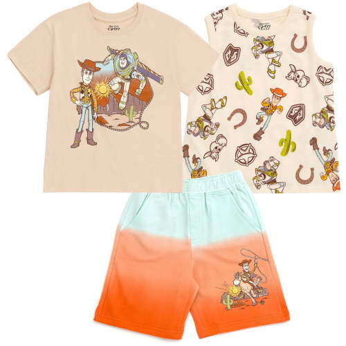 Disney Toy Story Woody Buzz Lightyear Bullseye T-Shirt, Tank Top and French Terry Shorts 3 Piece Outfit Set Toddler to Big Kid