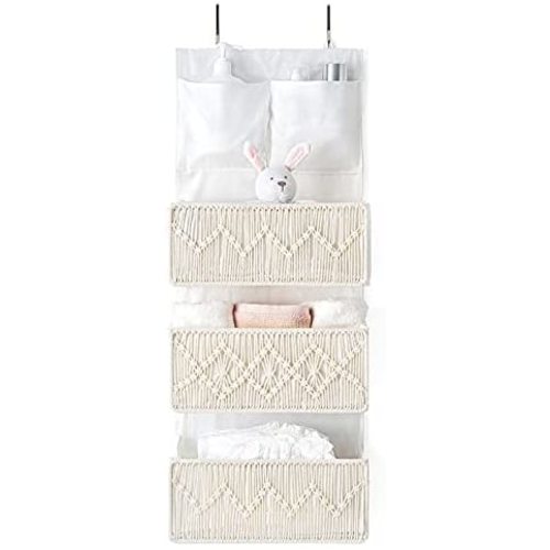 Mkono Macrame Over The Door Organizer Boho Decor Wall Mount Hanging Baby Storage with 3 Large Woven Pockets and 2 Small Pockets Behind Door Organizer for Home, Bedroom, Kitchen, Closet, Dorm, Nursery