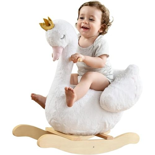labebe Kids Rocking Horse White Swan with Little Plush Doll Toys, Stuffed Animal Wooden Rocker for Children 6 Months Boys and Girls/Nursery Christmas, Birthday Gift (Rocking Swan)