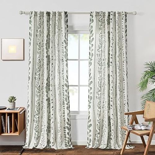 MEETSKY Sage Green Curtains 84 Inches Long 2 Panels Boho Curtains for Living Room Light Filtering Patterned Drapes for Bedroom Linen Style Back Tab Leaf Print Window Treatment, 50” Wide Each Panel