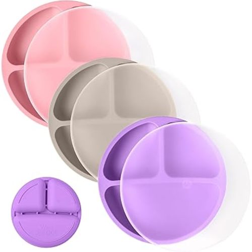 WeeSprout Silicone Plates for Babies & Toddlers (3 Pack) 100% Food-Grade Dishes for Self Feeding, Divided Design & Raised Edges for Picky Eaters, Dishwasher & Microwave Safe Weaning Supplies