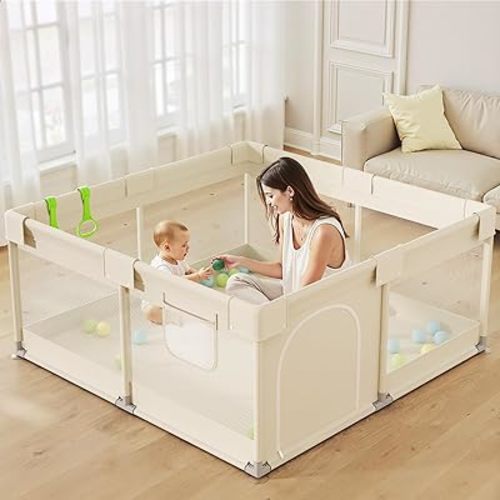 Uanlauo Beige Small Baby Playpen - 47x47in Playpen for Babies and Toddlers, Safe Indoor Play Pen, Baby Pen with Storage Bag and Breathable Mesh