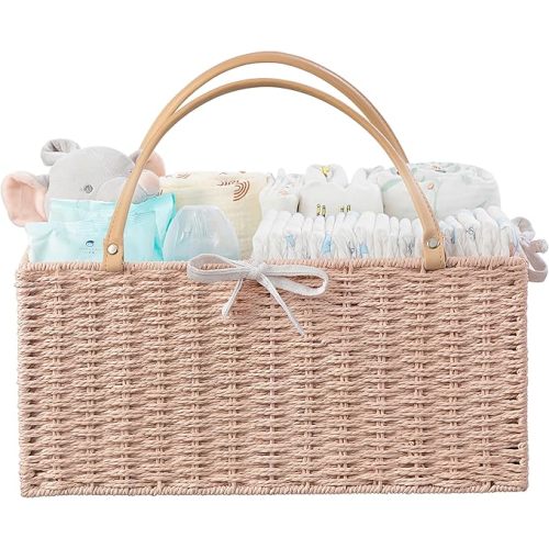 HBlife Large Baby Diaper Caddy Organizer Pink, Paper Rope Storage Baskets Nursery Bin with Removable Divider, Portable Car Organizer for Diapers, Baby Shower Gifts, Newborn Essentials Must Haves