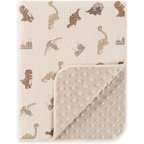 Susurration Baby Blanket for Unisex Boys Girls, Soft Nursery Minky Blanket with Muslin Cotton Front and Dotted Fleece Back, Receiving Blanket for Baby Newborn Infant, 30x40inch (Dinosaur)
