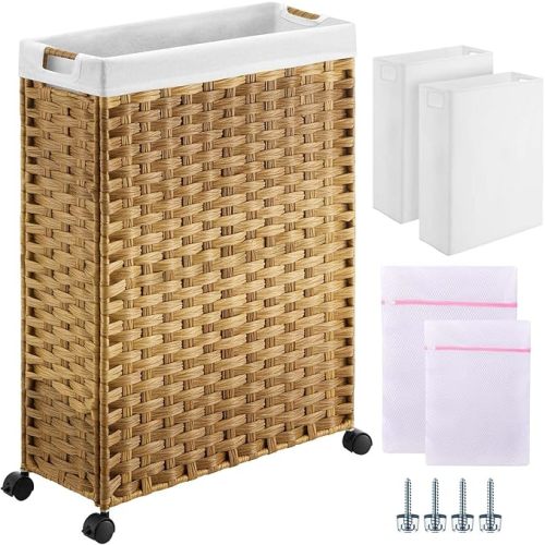 Greenstell Laundry Hamper with Wheels, 66L Slim Laundry Basket with 2 Removable Liner Bags & 2 Mesh Bags, Narrow Dirty Clothes Basket, Handwoven Rattan Organizer in Bathroom, Bedroom, Natural