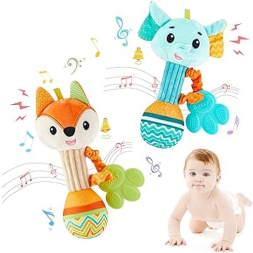 Baby Rattles 0-6 Months,Baby Soft Rattles Shaker,Hand Grab Sensory Shaker,Teething Toys for Babies 6-12 months,Sensory Plush Animal Toys for 0 3 6 9 12 Months Newborn Toys, 2PCS