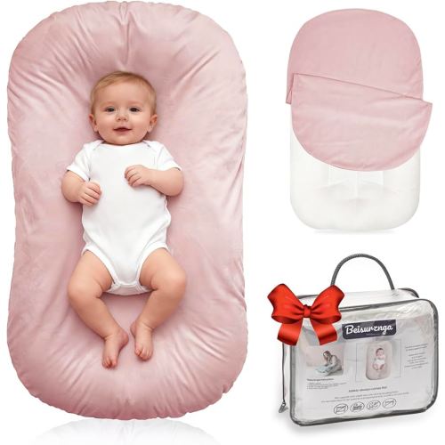 Baby Lounger for Newborn - Snuggle Cozy Me Lounger | Breathable Soft Cotton, 0-24 Months Portable Playtime Baby Nest, Newborn Baby Essentials Gifts- Pink (1 Lounger + 1 Cover)