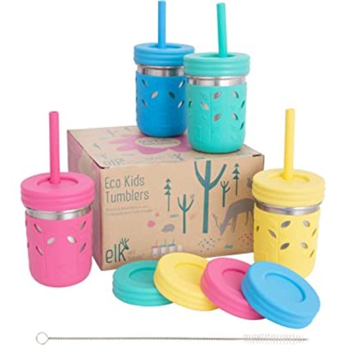 Elk and Friends Stainless Steel Cups | Mason Jar 10oz | Kids & Toddler Cups with Silicone Sleeves & Silicone Straws with Stopper | Sippy cups, Spill proof cups, Smoothie Cups