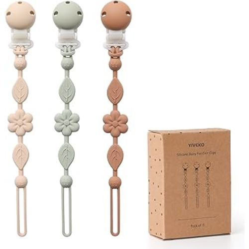 Pacifier Clips for Baby Silicone Pacifier Holder Clips for Boys Girls One Piece Baby Binky Clips YIVEKO Pacifier Clips Flower 3Pcs-Ivory+Sage+Brown