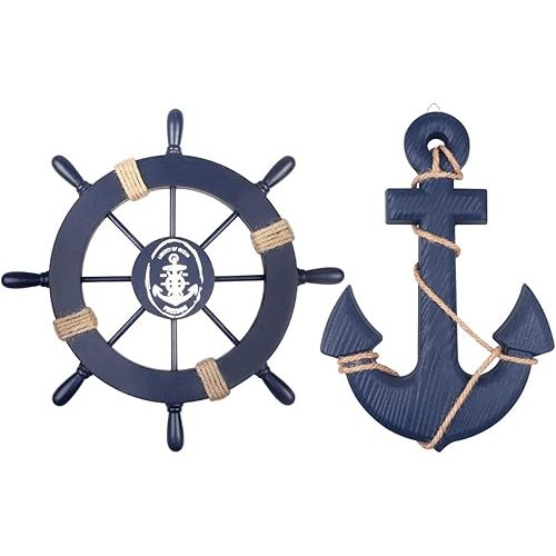 2 Pack 11" Nautical Beach Wooden Ship Wheel and 13" Wooden Anchor with Rope Nautical Boat Steering Wheel Rudder Anchor Wall Art Decor Door Hanging Ornament Beach Theme Home Decoration(Blue)