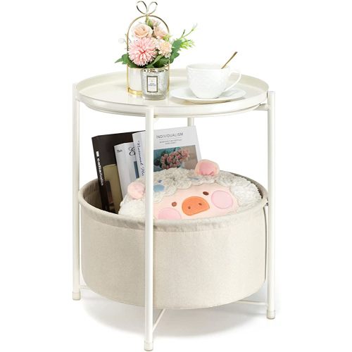 danpinera Round Side Table with Fabric Storage Basket, Metal Side Table Small Bedside Table Nightstand with Removable Tray Top for Living Room, Bedroom, Nursery, Laundry, White