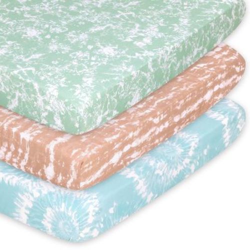 The Peanutshell Mini Crib, Playard Sheets, 3 Pack, Boho Tie Dye | Blue, Green, Brown