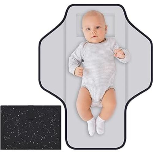 Baby Portable Diaper Changing Pad, Foldable Travel Diapering Changing Mat with Built-in Pillow, Waterproof Compact Changing Pad for Newborn Baby Changing Station, Infant Gift(Black Astral)