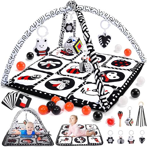 Baby Tummy Time Mat & 10 Sensory Toys, Baby Play Mat for Babies 0-6 6-12 Months & Visual Card, Baby Play Gym, Playmate for Baby, Baby Gym for Baby Shower Gifts, Newborn Baby Essentials Must Haves