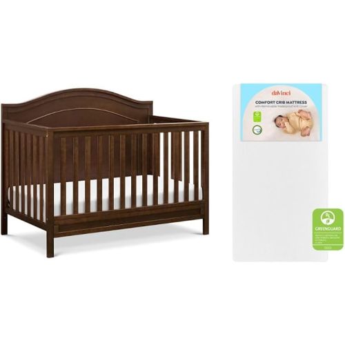 Davinci Charlie 4-in-1 Convertible Baby Crib w/Mattress - Espresso | GREENGUARD Gold Certified, Low-Profile Crib Convertible to Toddler Bed, Daybed, Full Bed - Conversion Kit Sold Separately