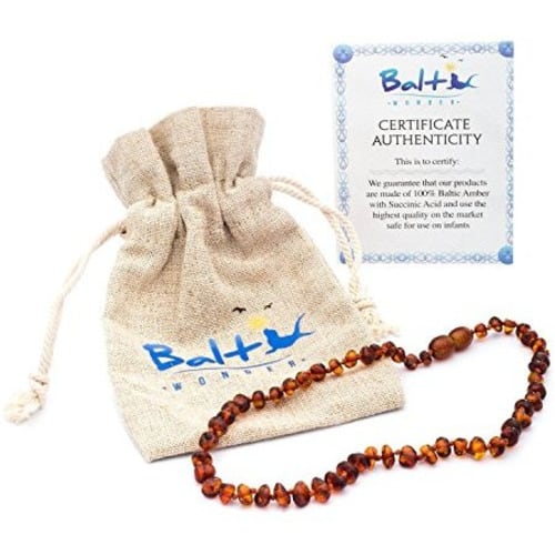 Baltic Amber Teething Necklace For Babies (Unisex) (Cognac) - Anti Flammatory, Drooling & Teething Pain Reduce Properties - Natural Certificated Oval Baltic Jewelry with the Highest Quality Guaranteed