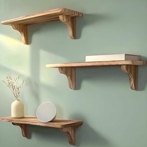 Real Wood Long Shelf for Wall - 17 Inch (3 Pack) - Easy to Install, Template and Video Included - Wide Mountable Shelves for Bedroom