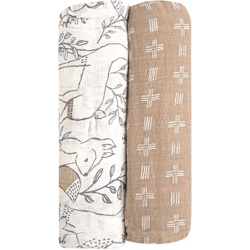 Crane Baby Soft Muslin Swaddle, Soft Swaddle Wraps for Boys and Girls, Beige and Woodland Animal, 2 Count, 47" x 47"