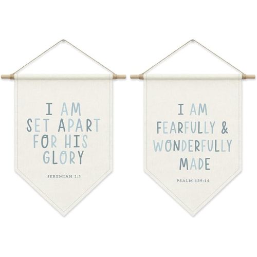 Bible Verse Wall Decor, Inspirational Scripture Poster Hanger Frame, Boy Nursery Decor, Christian Pennant Flag Banner for Bedroom Playroom Set of 2, Christian Birthday Gifts for Tolddler Baby Kids