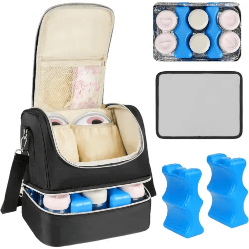 Wearable Breast Pump Bag with Cooler Compartment Fits for Willow/Elvie/Momcozy M5/S12 Pro/Medela, Breast Milk Travel Tote Bag with Ice Pack & Waterproof Mat,Black
