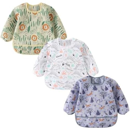 3 Pack Long Sleeve Bib,Baby Smock for Eating 6-30 Months Reusable Shirt Bibs for Babies Toddler