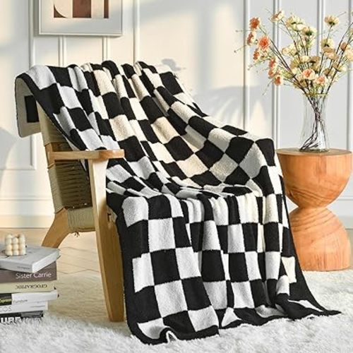 Xiashrk Checkered Throw Blanket for Couch, Checkerboard Blankets for Sofa Bed, Cozy Checkered Decorative Travel Blanket for Living Room Camping (Black, Throw 50"x60")