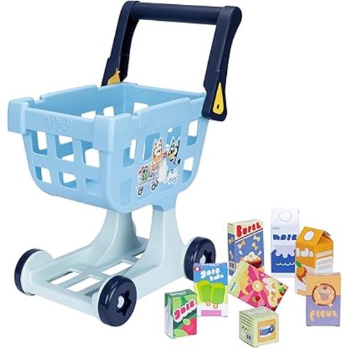 The Bluey Shopping Trolley | with Free-Rolling Wheels and Rotating Handle. The Ideal Size for Toddlers | Stands at 19.3 Inch Tall | 8 Colorful Cardboard Shopping Goods are Included with This Trolley