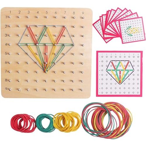 JCREN Wooden Geoboard Educational 9x9 Geoboards for Kids Montessori Manipulative Material Array Block Geo Board Graphical Math Toys with Pattern Cards and Rubber Bands Preschool Brain Teaser for Kids