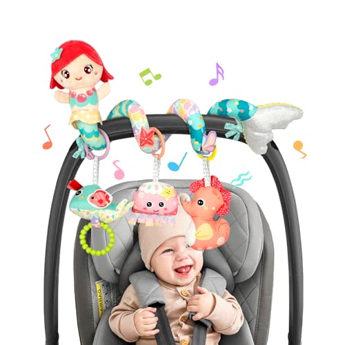 MONSTIME Carseat Toys Hanging Car Seat Toys for Babies 0-6 Months Boy Girl, Mermaid Stroller Toy Newborn Infant Sensory Baby Toy 0-6 Months with Music Rattle Teether, Gift for 0 3 6 9 12 Months