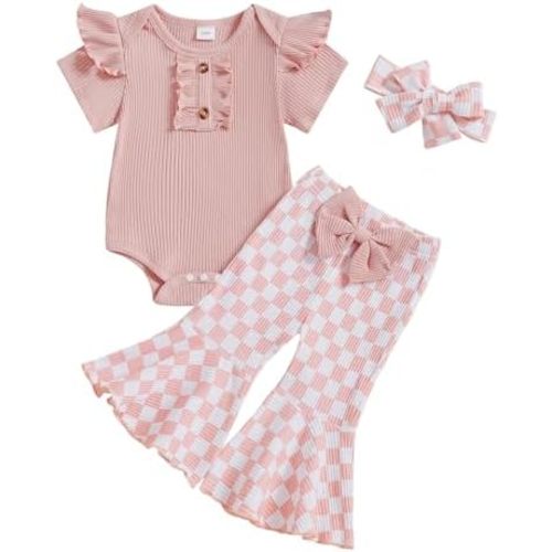 MERSARIPHY Baby Girl Bell Bottom Outfit Cute Infant Newborn Girl Summer Clothes Ribbed Knit Ruffle Romper Tops Flare Pant Set