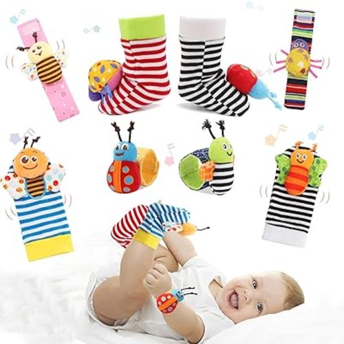 Wrist Rattle Foot Finder Sock for 0-36Months Baby Boys and Girls, Newborn Baby Soft Hand & Feet Rattle 0-3 Years, Arm Leg Babies Development Toys for Infant Bebe (MG-8 PCS)