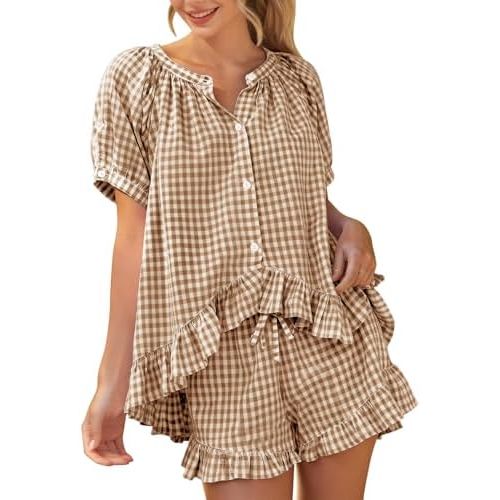PEHMEA Women's Gingham 2 Piece Pajama Set Cotton Pj Ruffle Babydoll Short Sleeve Shirt Lounge Shorts Summer Outfits