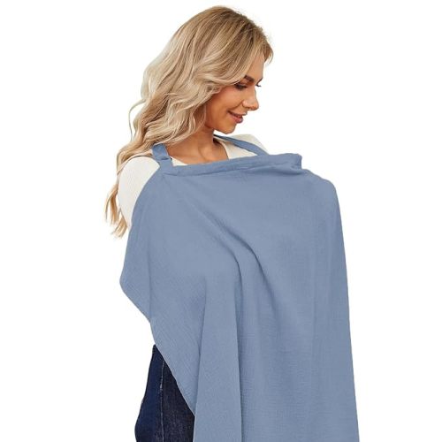 PPOGOO Muslin Nursing Cover for Baby Breastfeeding, Breathable Privacy Nursing Covers for Mom 100% Cotton Breastfeeding Cover with Rigid Hoop for Mother Nursing Apron (Sky Blue) - BRZ-Sky Blue