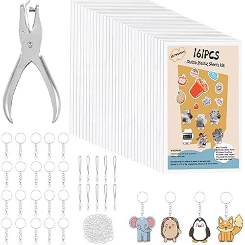 161 Pcs Shrink Paper Keychain Kit,with 30 Pcs Shrinky Plastic Sheets 7.9"x5.7",Hole Punch,Lobster Clasps,Jump Rings DIY Crafts for Adults and Teens