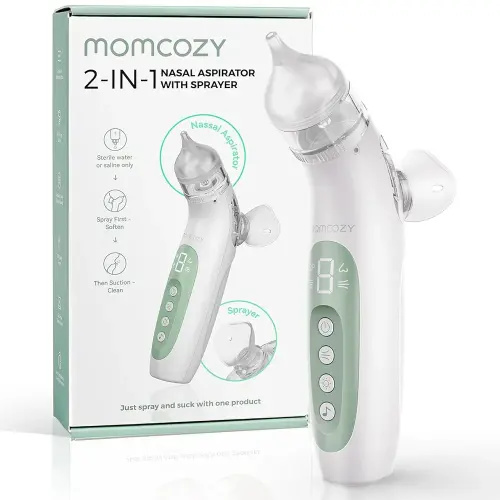Momcozy Nasal Aspirator for Baby, Innovative 2-in-1 Electric Nose Suction with Spray, 65kPa Nose Sucker with 4 Adjustable Suction Levels,Portable Electric Nose Cleaner,Light & Music Soothing Functions