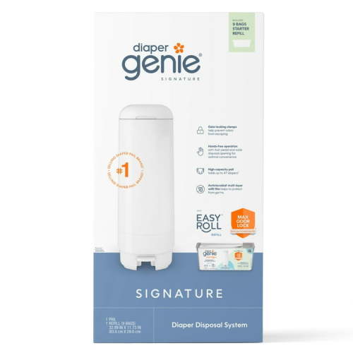 Diaper Genie Signature White Pail, Includes 1 Easy Roll Refill with 9 Bags, Infant, Plastic, White