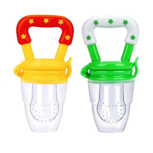 Baby Pacifier Food and Fruit Feeder, Silicone Teether, Medium Size for Baby Boy/Girl 6-9 Months Old, Green & Yellow - 2 Pack